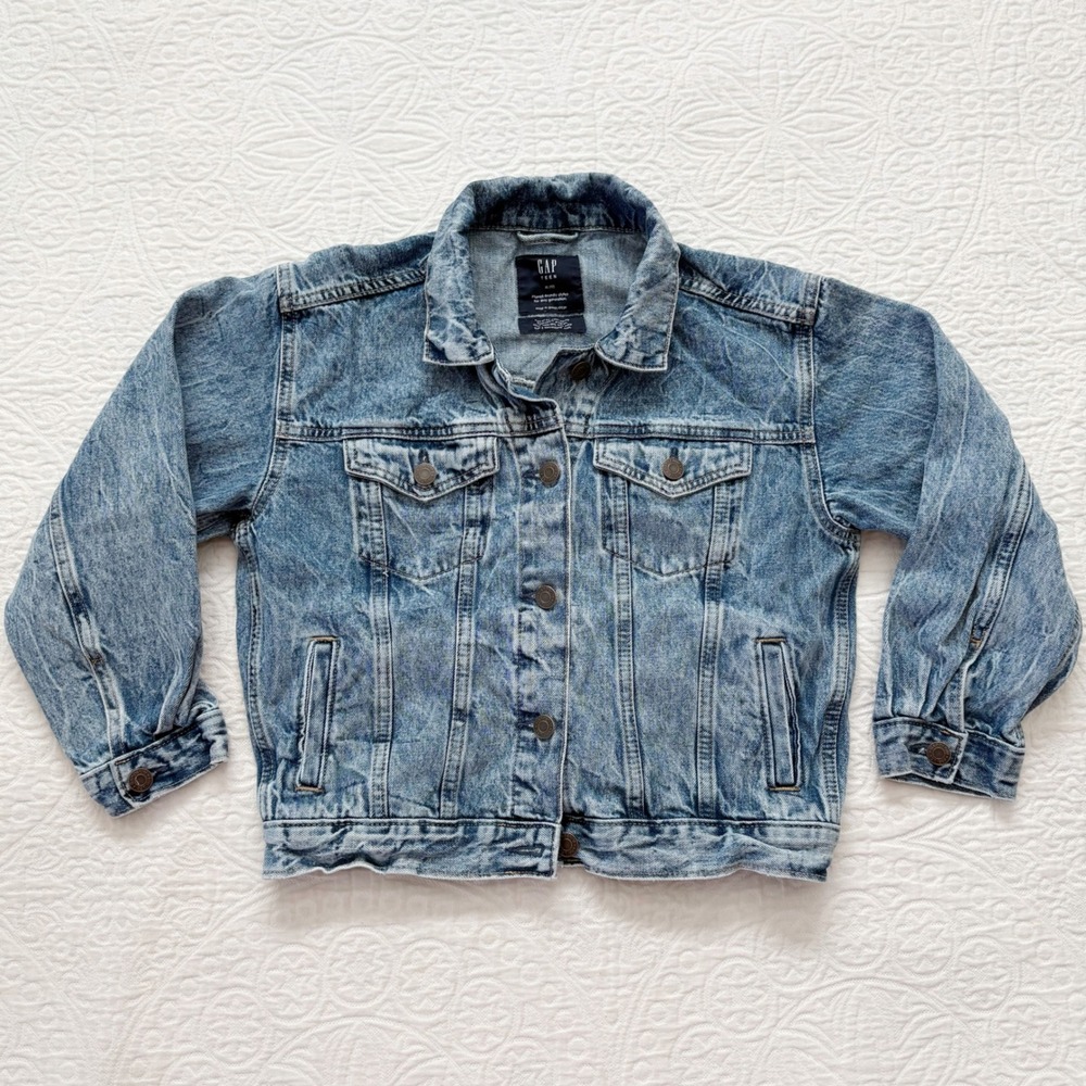 Gap Teen Oversized Cropped Denim Jacket, Blue Acid Wash Sz XL 12